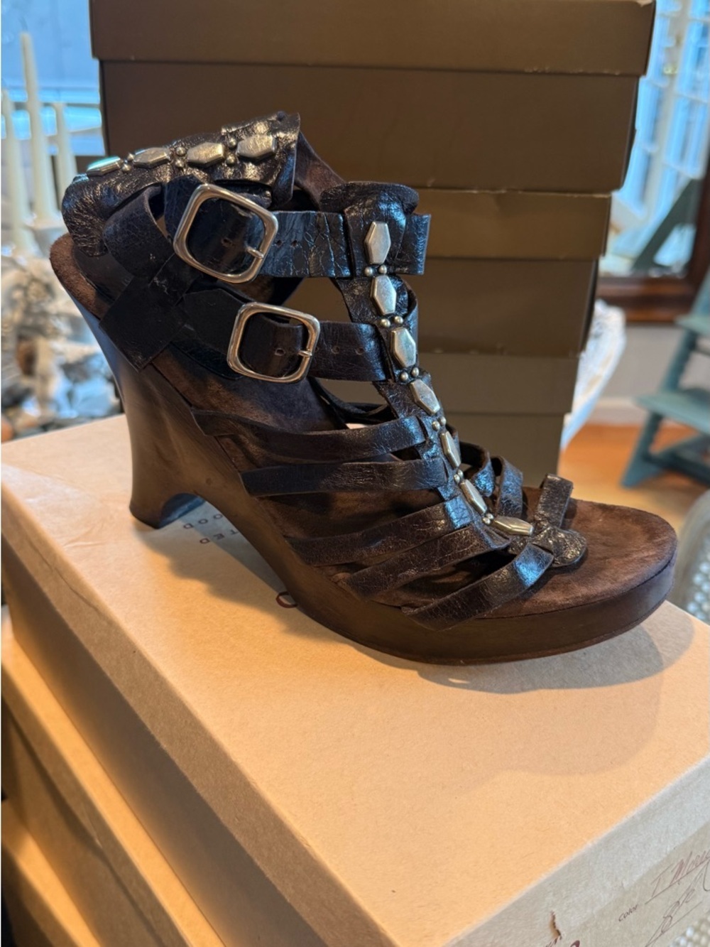 Black Strappy Buckle Wedge Heel Sandal with Stud Detail